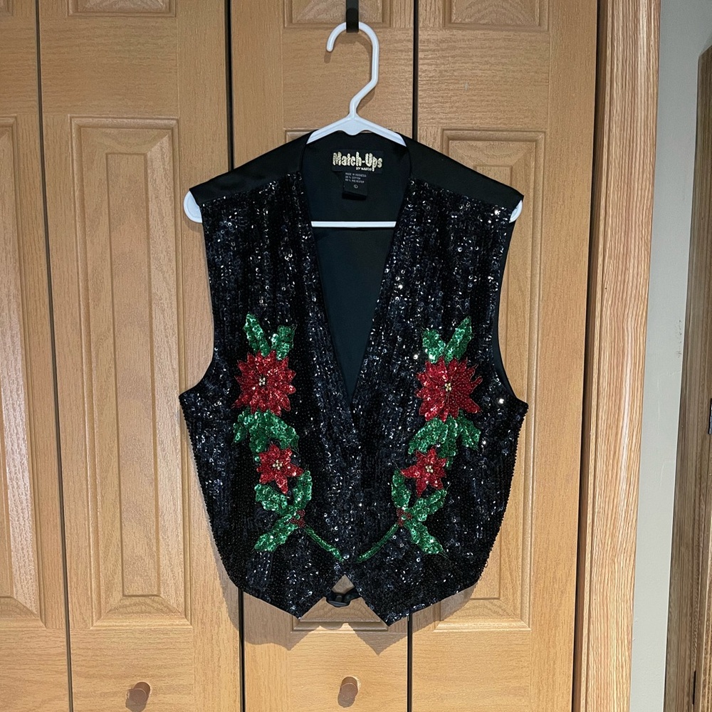 Vintage Match Ups Black Sequin Poinsettia Holiday Vest